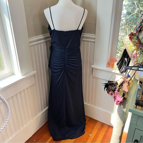 Camille La Vie Evening Gown Navy Draped w/ Fabric Flowers Size 14 - Picture 2 of 11